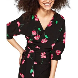 ZARA Basic Floral Wrap Blouse Black Pink Tie Waist Kimono Sleeve Top Women’s M